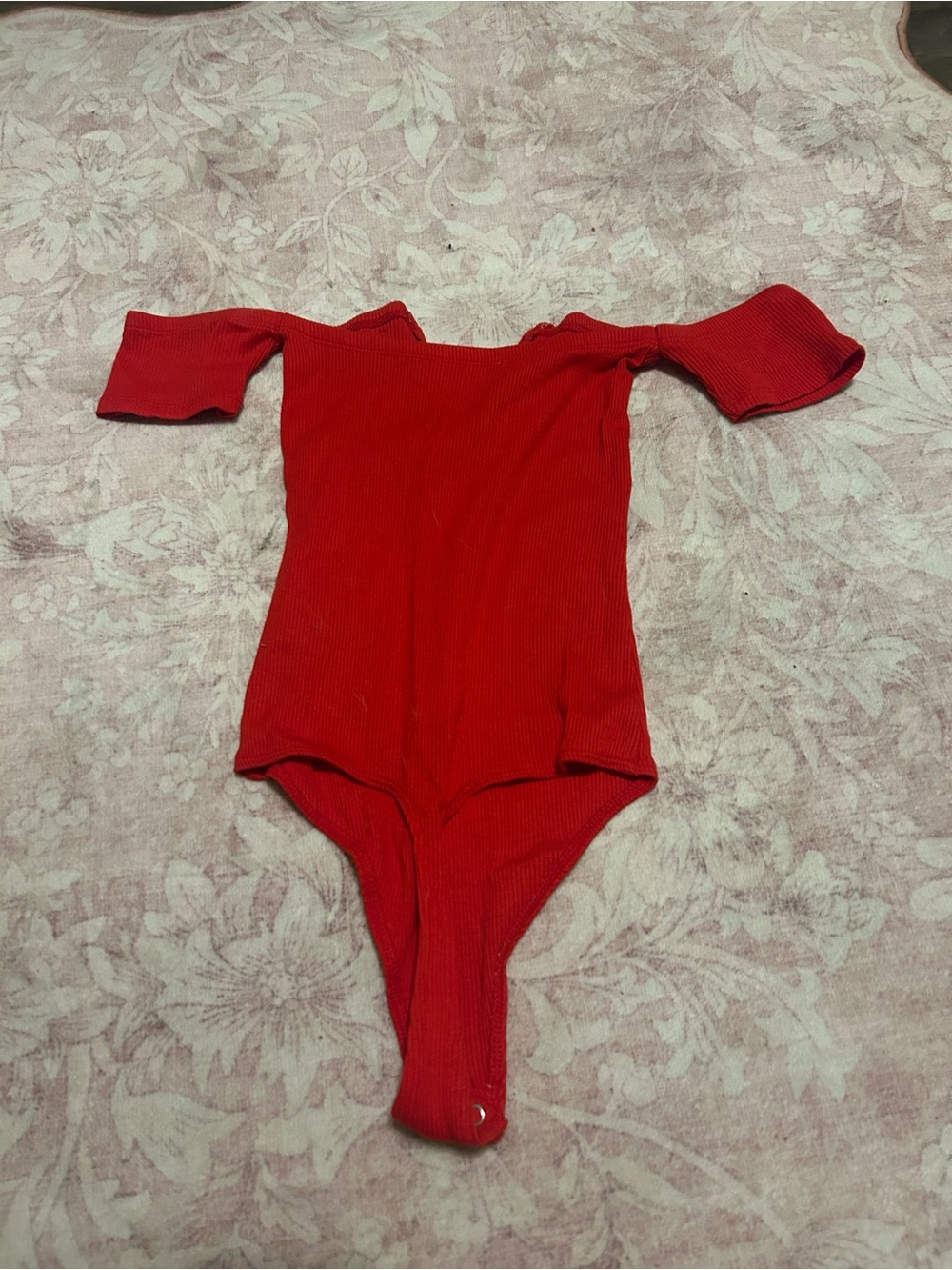Red Ribbed Off-Shoulder One-Piece Bodysuit - Picture 2 of 3